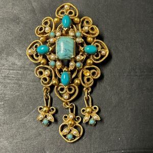Vintage Florenza Gold Toned Filigree Turquoise Pearl Medallion Dangle Brooch